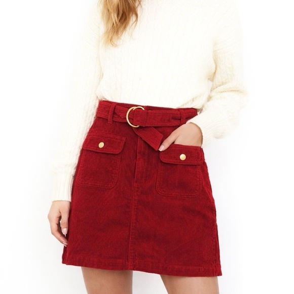 LOFT Dresses & Skirts - LOFT Red Crimson Corduroy Mini Skirt Belted Cotton Size 2 Cottagecore Preppy